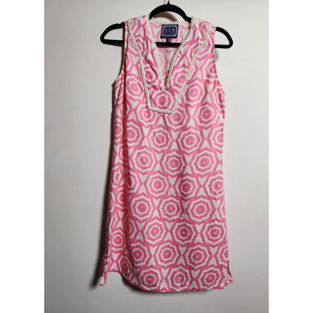 Sail to Sable STS 100% Linen Pink Shift Dress XS Sleeveless‎ Side Zip V-Neck